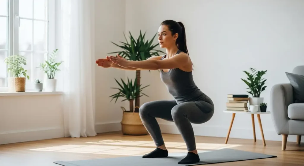 A woman performing a bodyweight squat during a 10-minute full-body home workout