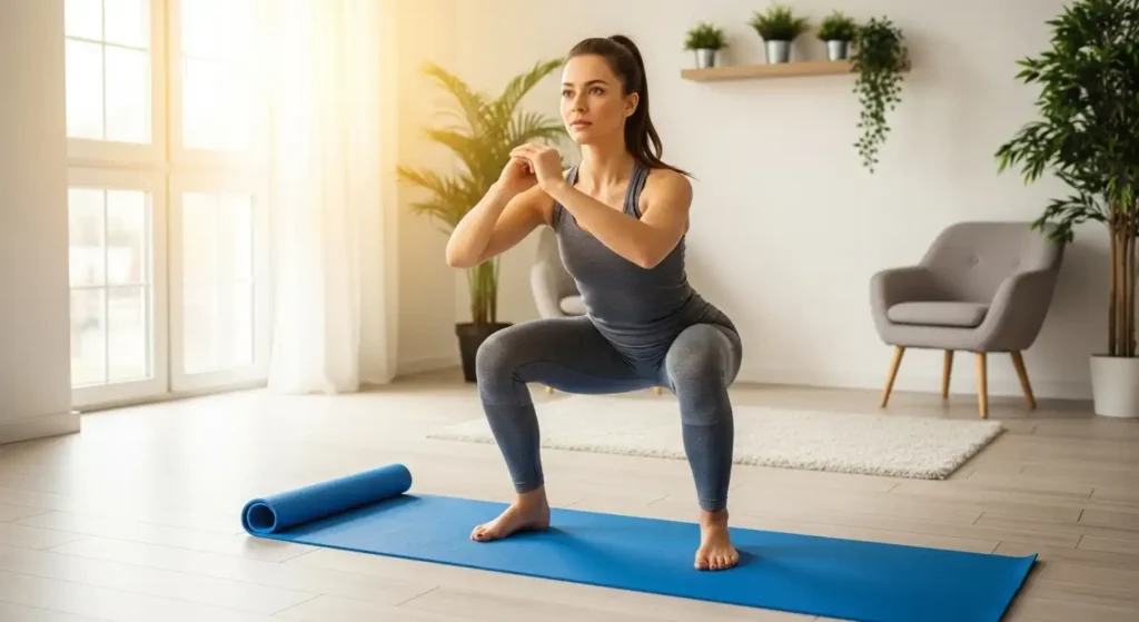 Quick full-body exercise routine at home using just a yoga mat and natural light setup.