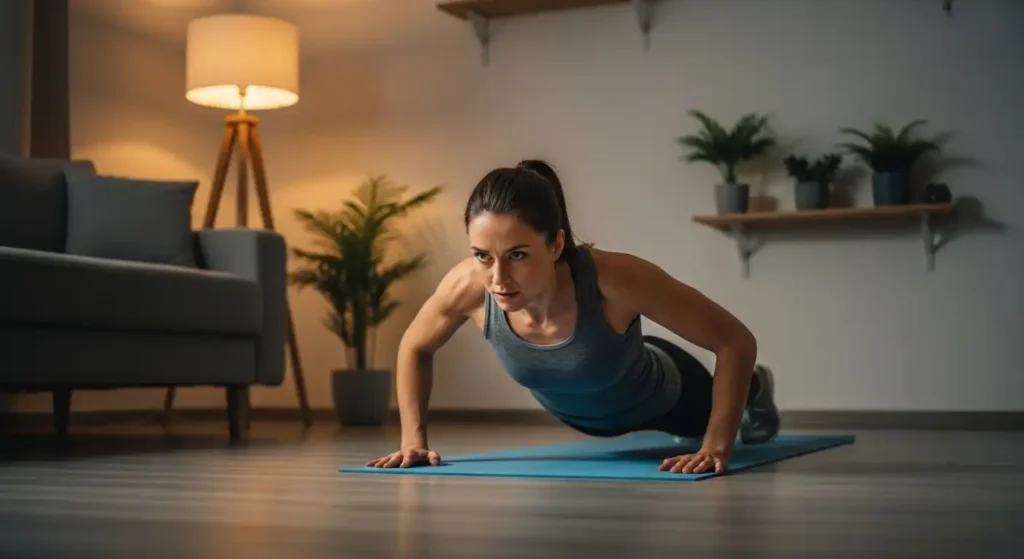 A woman in workout clothes doing push-ups on a yoga mat in a softly lit living room, showing strength and focus. The setting feels calm and practical, ideal for an evening home workout with no distractions.