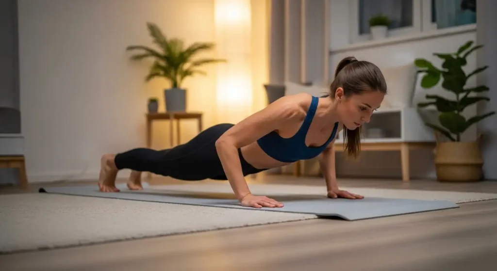 A woman in workout clothes doing push-ups on a yoga mat in a softly lit living room, showing strength and focus. The setting feels calm and practical, ideal for an evening home workout with no distractions.