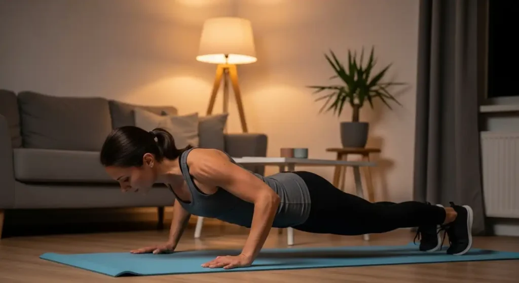 A woman in workout clothes doing push-ups on a yoga mat in a softly lit living room, showing strength and focus. The setting feels calm and practical, ideal for an evening home workout with no distractions.