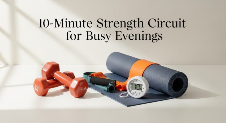 A woman in workout clothes doing push-ups on a yoga mat in a softly lit living room, showing strength and focus. The setting feels calm and practical, ideal for an evening home workout with no distractions.