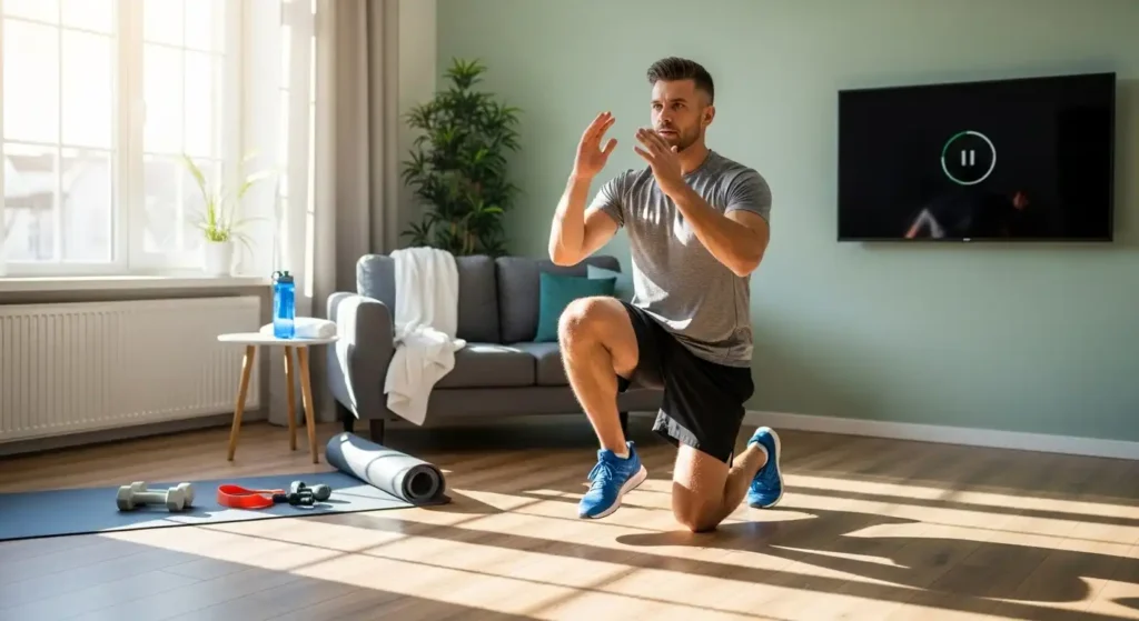 Quick full-body HIIT routine at home using body-weight exercises and minimal space.