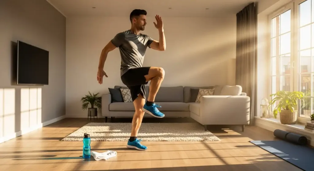Man doing high knees in a 15-minute HIT workout at home for cardio and fat burn.