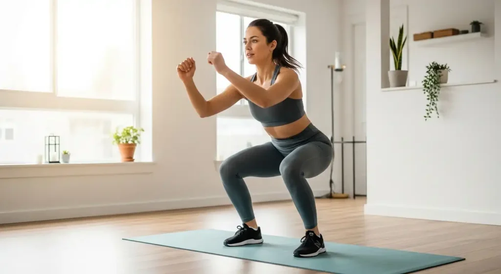 A woman performing squat jumps on a yoga mat in a bright home setting, showing power and control. The scene captures both strength and cardio effort, with a clean minimalist background and natural lighting.