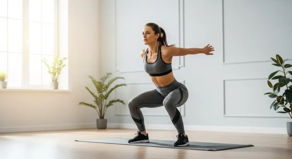 A woman performing squat jumps on a yoga mat in a bright home setting, showing power and control. The scene captures both strength and cardio effort, with a clean minimalist background and natural lighting.