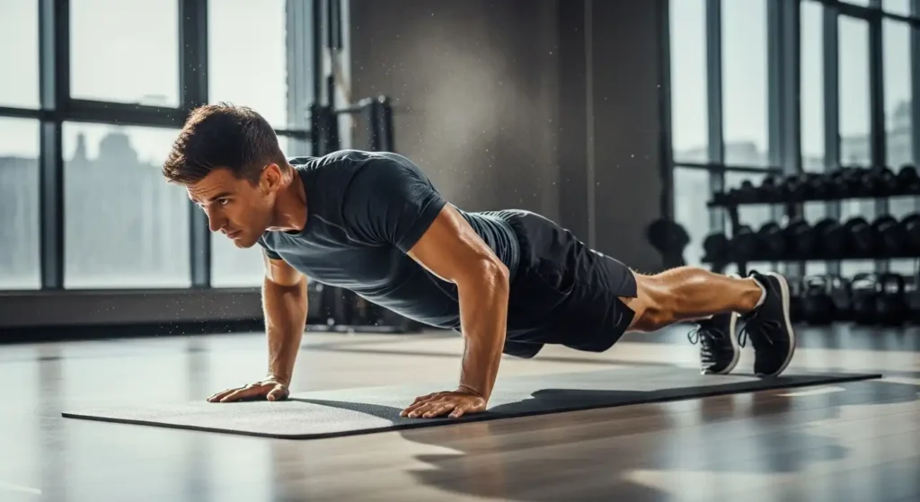 A man in mid-burpee position on a mat, emphasizing strength and cardio intensity. Clean indoor background with natural light and fitness-focused atmosphere.