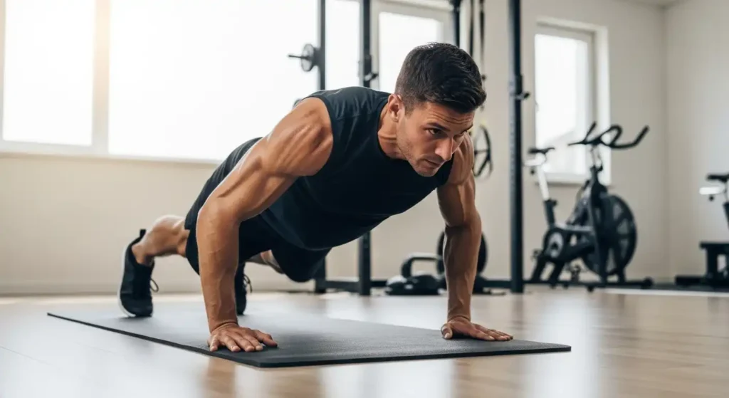 A man in mid-burpee position on a mat, emphasizing strength and cardio intensity. Clean indoor background with natural light and fitness-focused atmosphere.