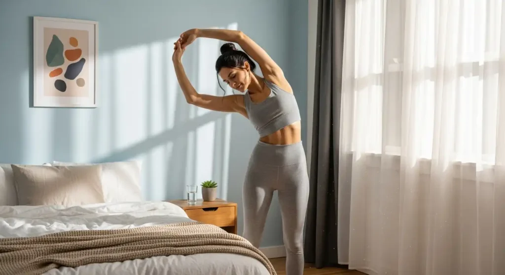Woman doing standing side stretch in bedroom during a 5-minute morning stretch routine