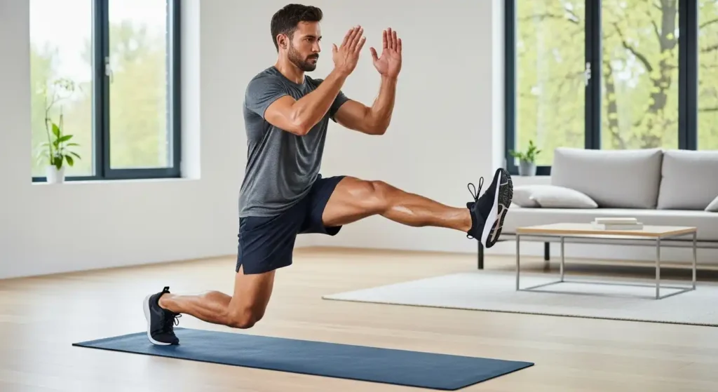 A man performing alternating jump lunges on a yoga mat in a modern living room, showcasing balance, power, and muscle engagement. The background is bright and uncluttered, emphasizing the no-equipment, full-body workout vibe.