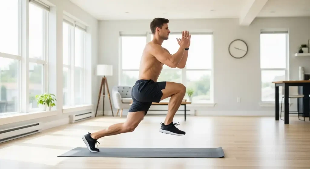 A man performing alternating jump lunges on a yoga mat in a modern living room, showcasing balance, power, and muscle engagement. The background is bright and uncluttered, emphasizing the no-equipment, full-body workout vibe.
