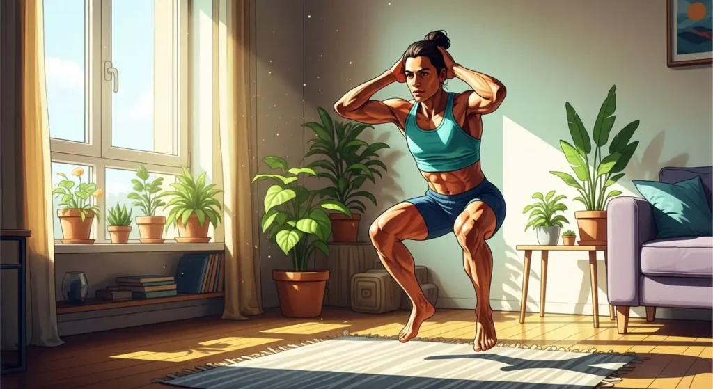 "Man performing mountain climbers in a living room workout space"