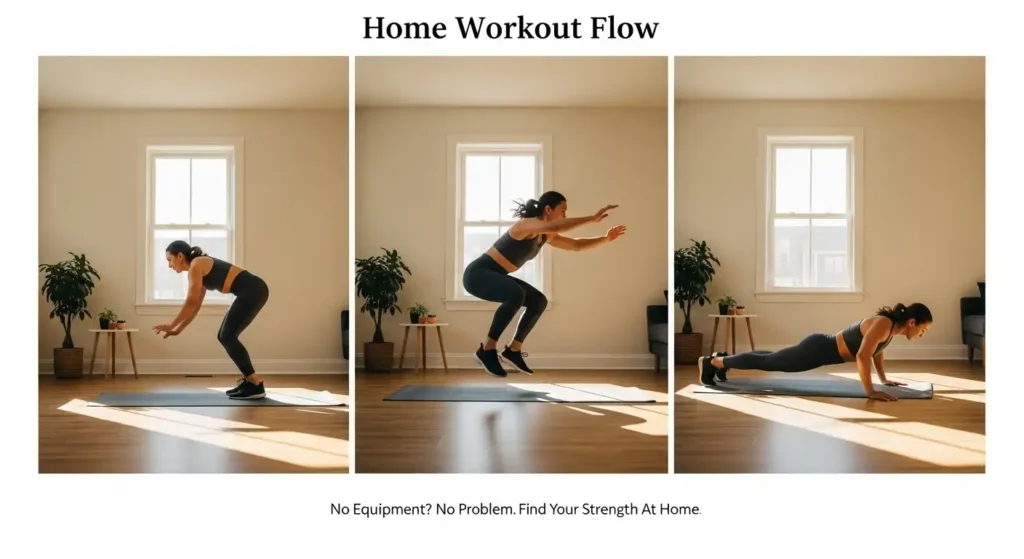 "Woman doing jump squats during a no-equipment cardio workout at home"