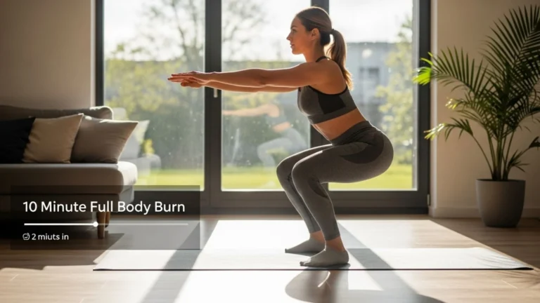 Person doing squats in a living room, part of a 10 minute full body burn workout