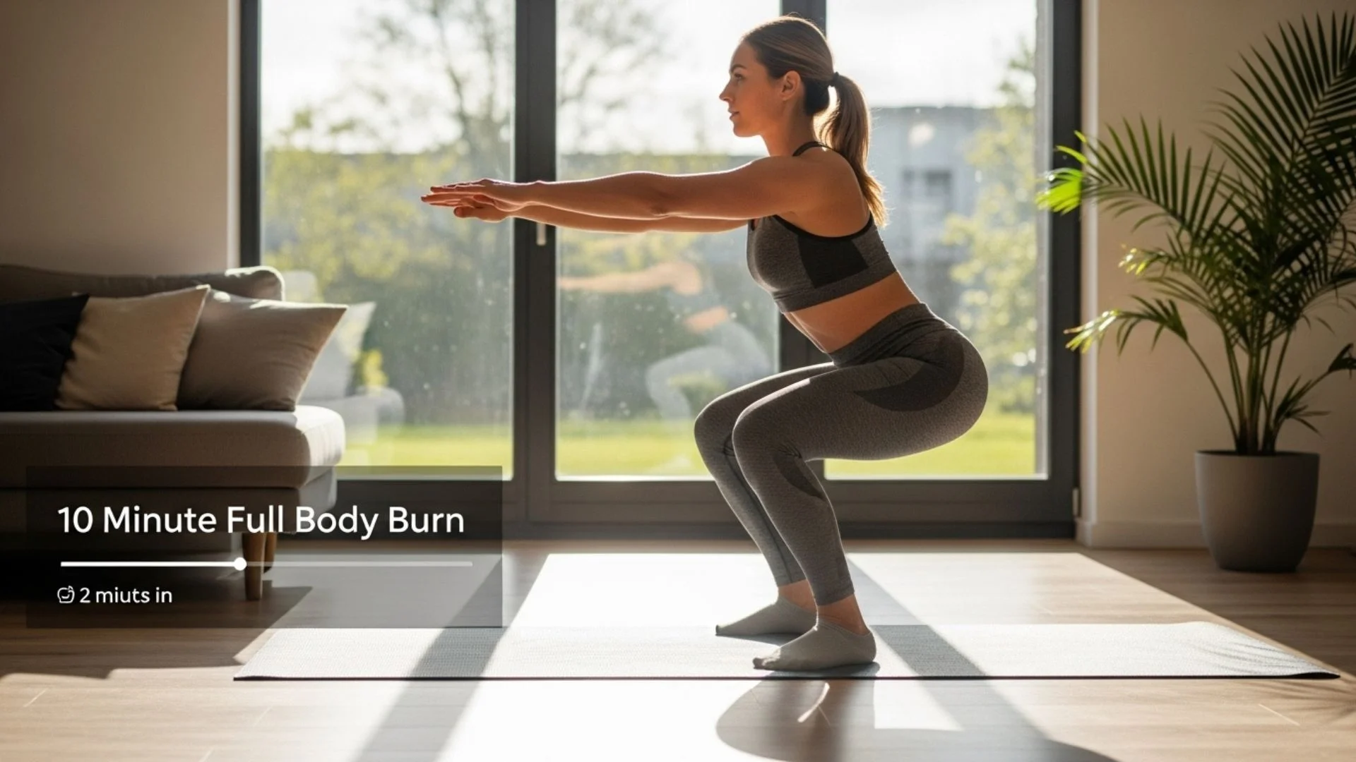 Person doing squats in a living room, part of a 10 minute full body burn workout