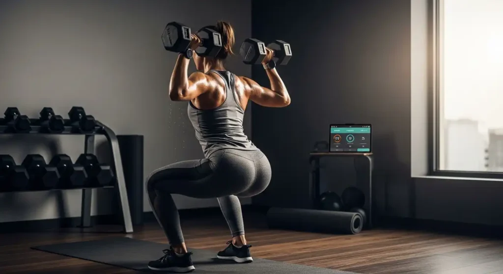 Woman doing squat-to-press with dumbbells, combining strength and cardio in a home workout setting.