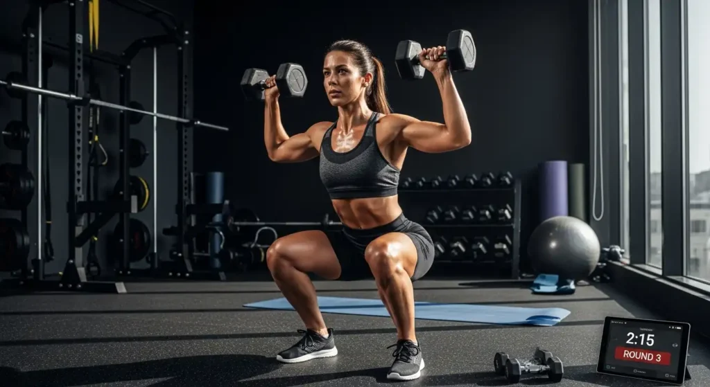 Woman doing squat-to-press with dumbbells, combining strength and cardio in a home workout setting.