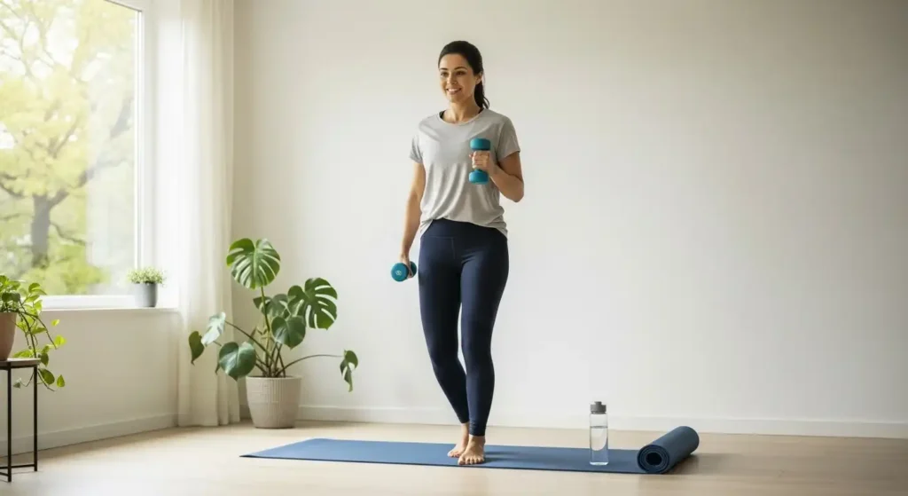 Beginner doing low-impact strength and cardio workout at home with hand weights on a yoga mat.