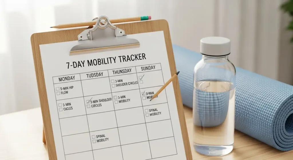 7-day mobility tracker checklist with daily movement goals and simple exercise boxes for busy people.