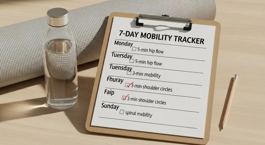 Printable weekly mobility plan with checkboxes for hips, shoulders, and spine exercises on a clipboard.