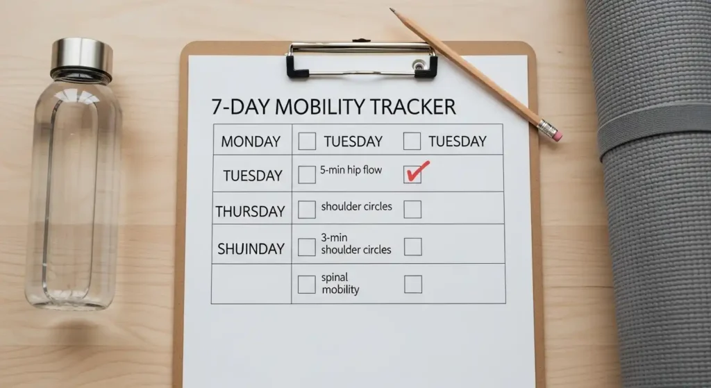 Home workout mobility tracker sheet with daily stretch and movement schedule beside yoga mat and water bottle.