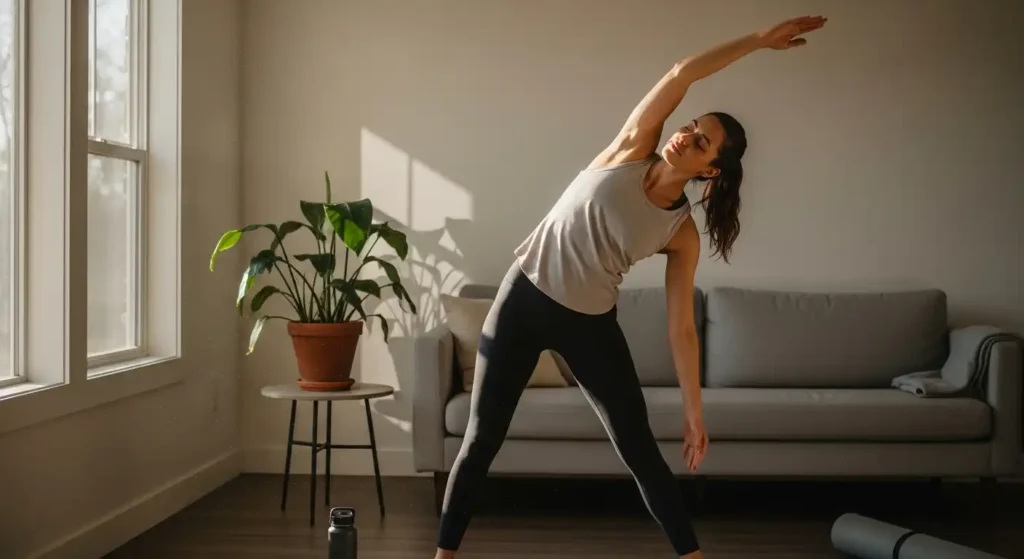 Woman doing a quick full-body stretch at home to improve flexibility and posture during a short 5-minute routine.