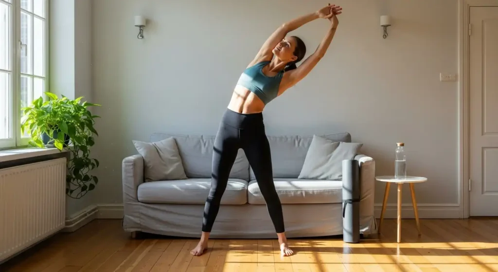 Woman doing a quick full-body stretch at home to improve flexibility and posture during a short 5-minute routine.