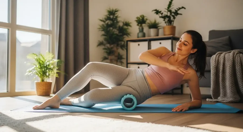 Woman using foam roller for muscle recovery at home