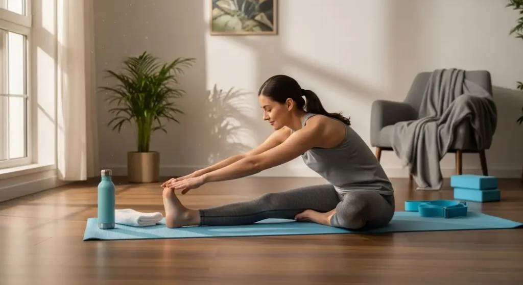 Woman stretching on yoga mat during a calm recovery session at home.