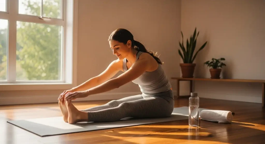 Woman stretching on yoga mat during a calm recovery session at home.