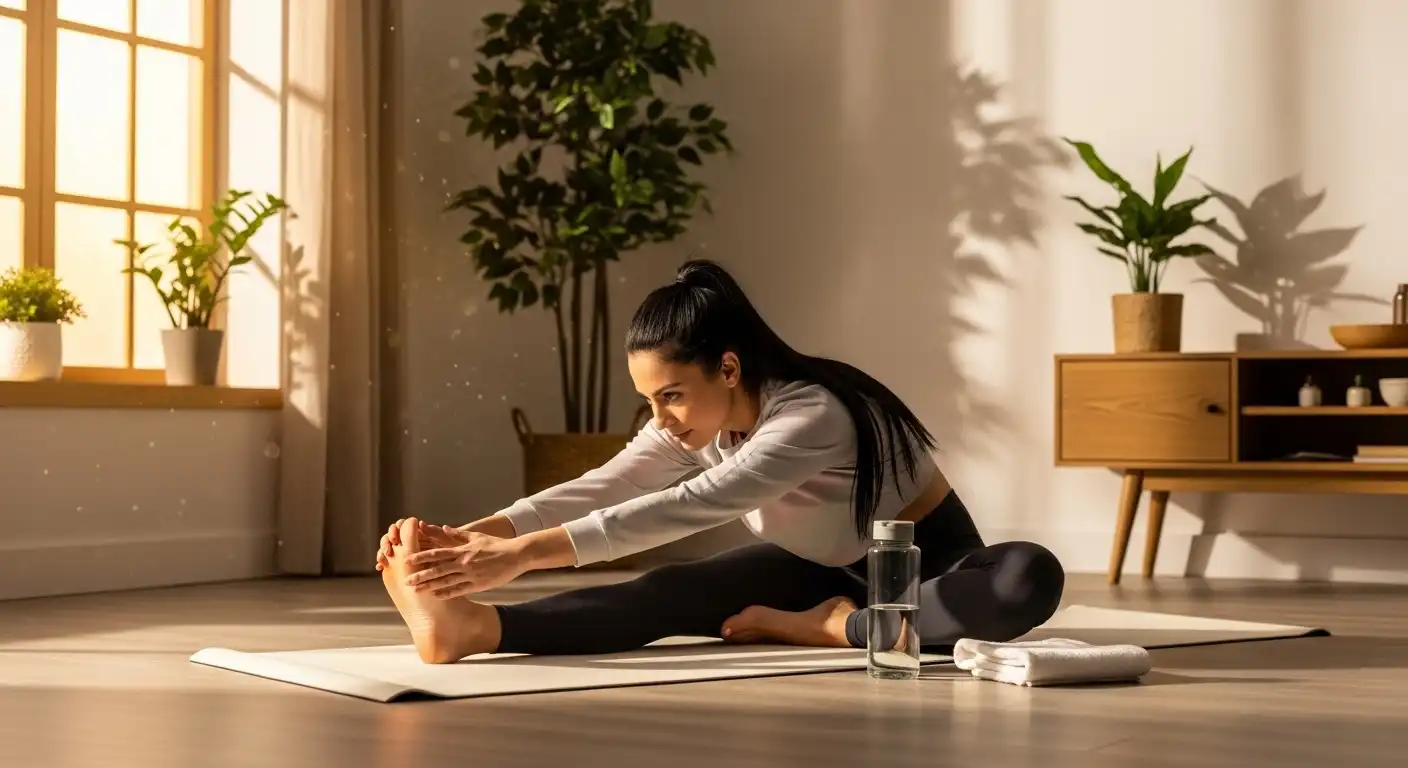 Woman stretching on yoga mat during a calm recovery session at home.