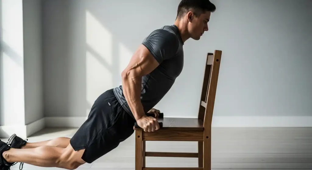 A woman performing push-ups on a yoga mat in a bright living room, showing strong arm and shoulder engagement. Focus on form, core tight, body in a straight line.
