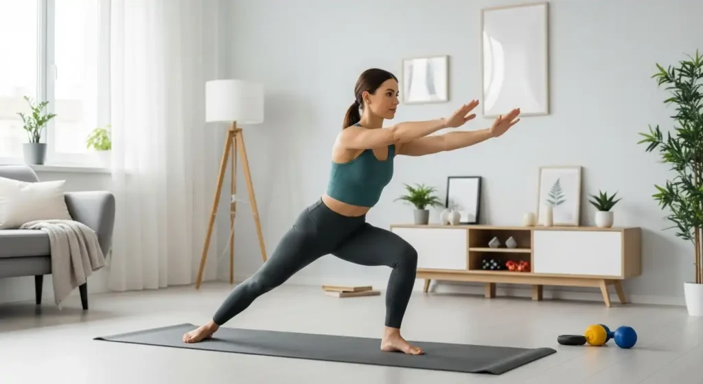 Home workout scene showing a full body exercise on a simple fitness mat