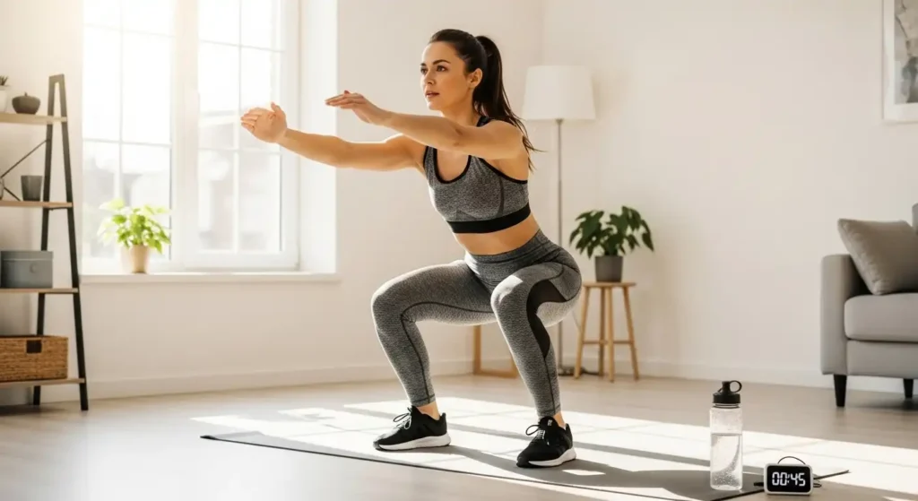 Woman doing home fat-burning cardio circuit workout with jump squats