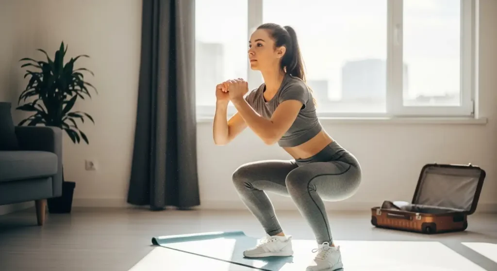 Person doing bodyweight squats in a small room, showing a quick no equipment workout.