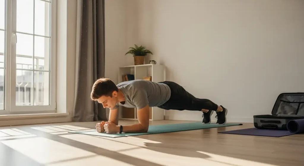 Person doing body weight planks in a small room, showing a quick no equipment workout.