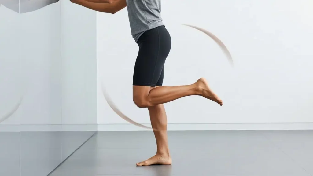 “Person performing standing hip CARs with controlled circular leg motion to build hip mobility and joint control.”