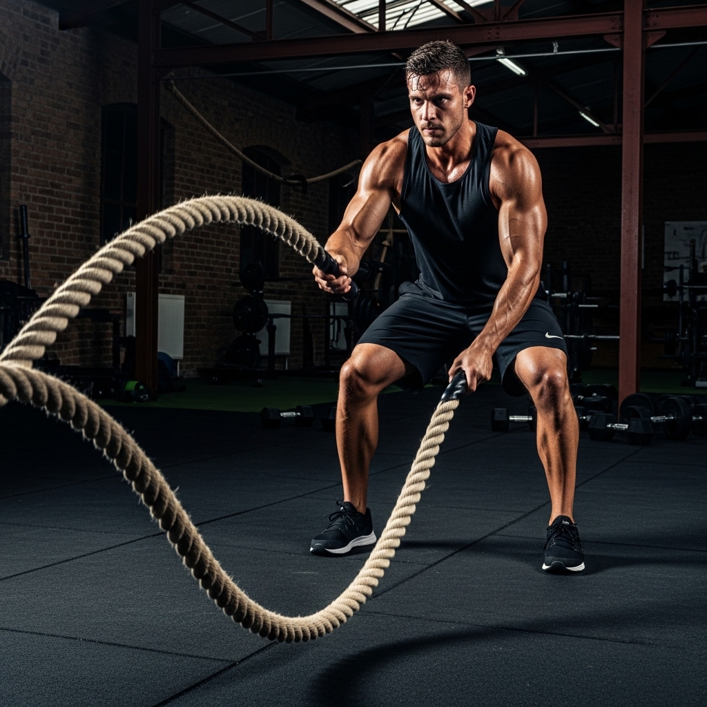 Dynamic, powerful, and raw action shot with gritty gym realism.